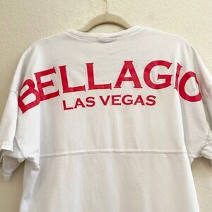 Bellagio Las Vegas Oversized T Shirt White Red Spell Out V Neck Cotton Women's S
